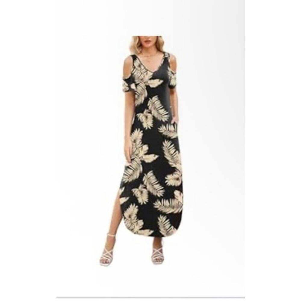 NWT Maxi Dress Casual V Neck Cold Shoulder Short Sleeve Long Dresses w/ Pockets